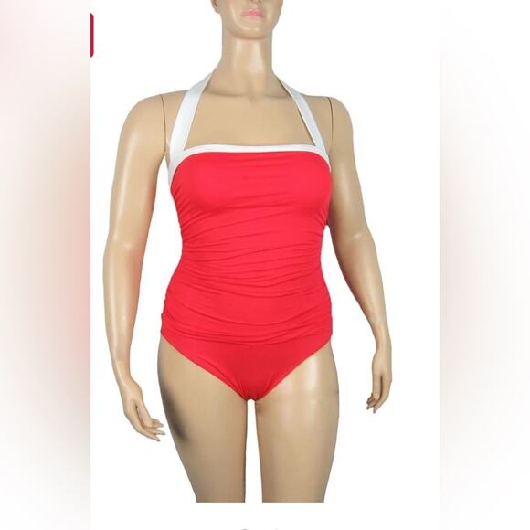 Ralph Lauren Tummy Control Ruched Halter One-Piece Swimsuit Red Size 10! 🔥 - Picture 1 of 4